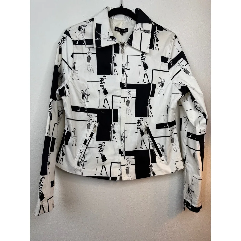 Nicole Max XL Black White Golf Women Fashion‎ Jacket Zip Up Size Large Casual